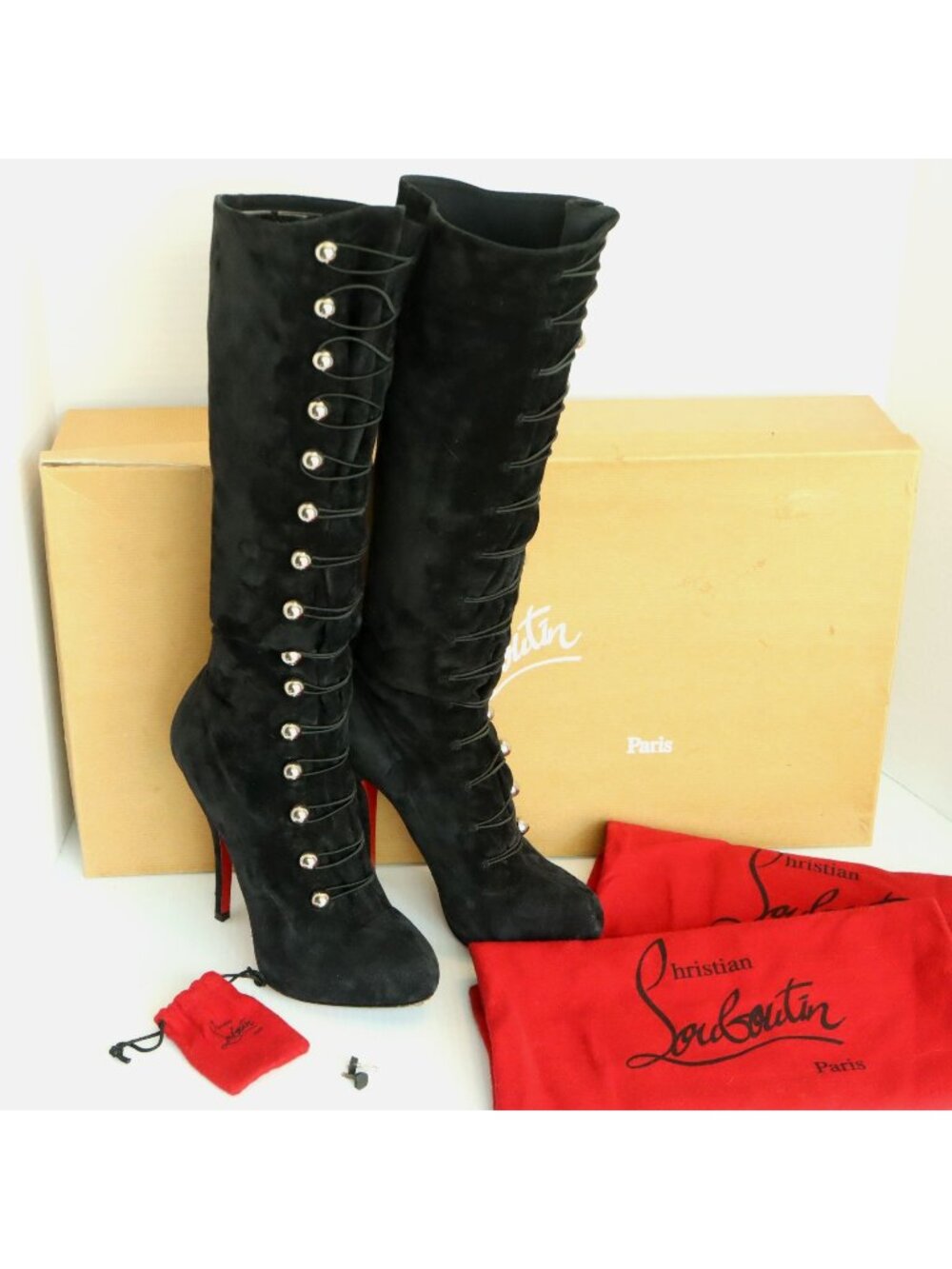 Christian Louboutin Alta Fifre 120 Boots Euro 39 Black Calf Suede w/ Dust Bags